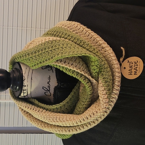 Cream and Sage Crochet Infinity Scarf - Picture 2 of 7
